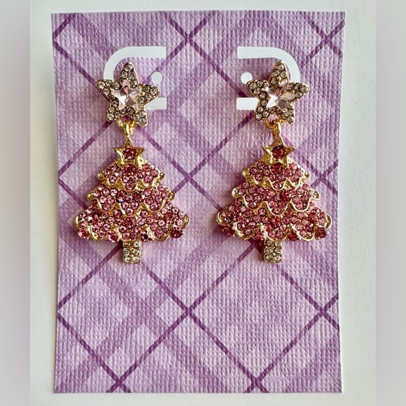 New Pink & Clear Gold Tone Christmas Tree Rhinestone Crystal Earrings - 1.50” - Picture 5 of 5